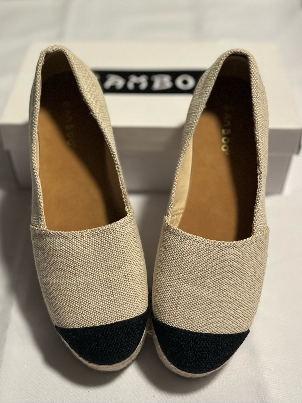 BAMBOO Beige Canvas Espadrille Flats with Black Cap Toe